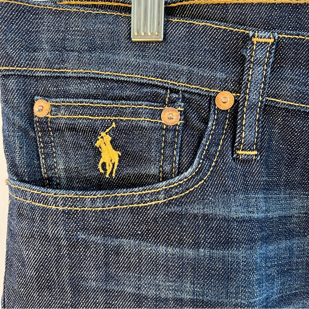 Ralph Lauren Sport Jean Shorts Womens 31 Blue Denim Cotton Flag Logo Dark Wash - Picture 2 of 4